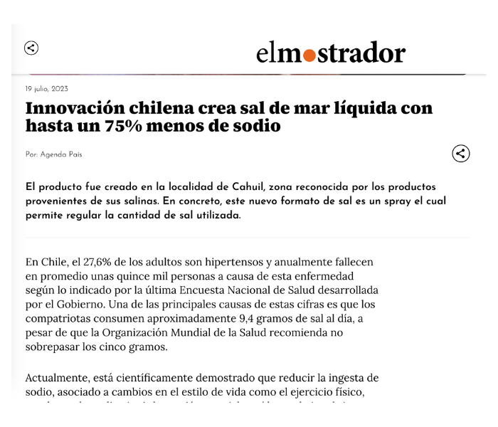 Innovación chilena crea sal de mar líquida con hasta un 75% menos de sodio
